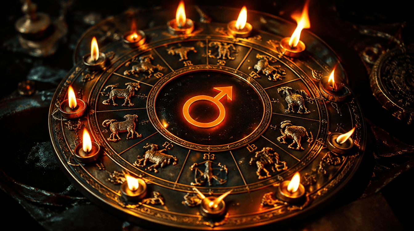 Roda zodiacal com doze chamas de intensidades diferentes e o s�mbolo de Marte ao centro
