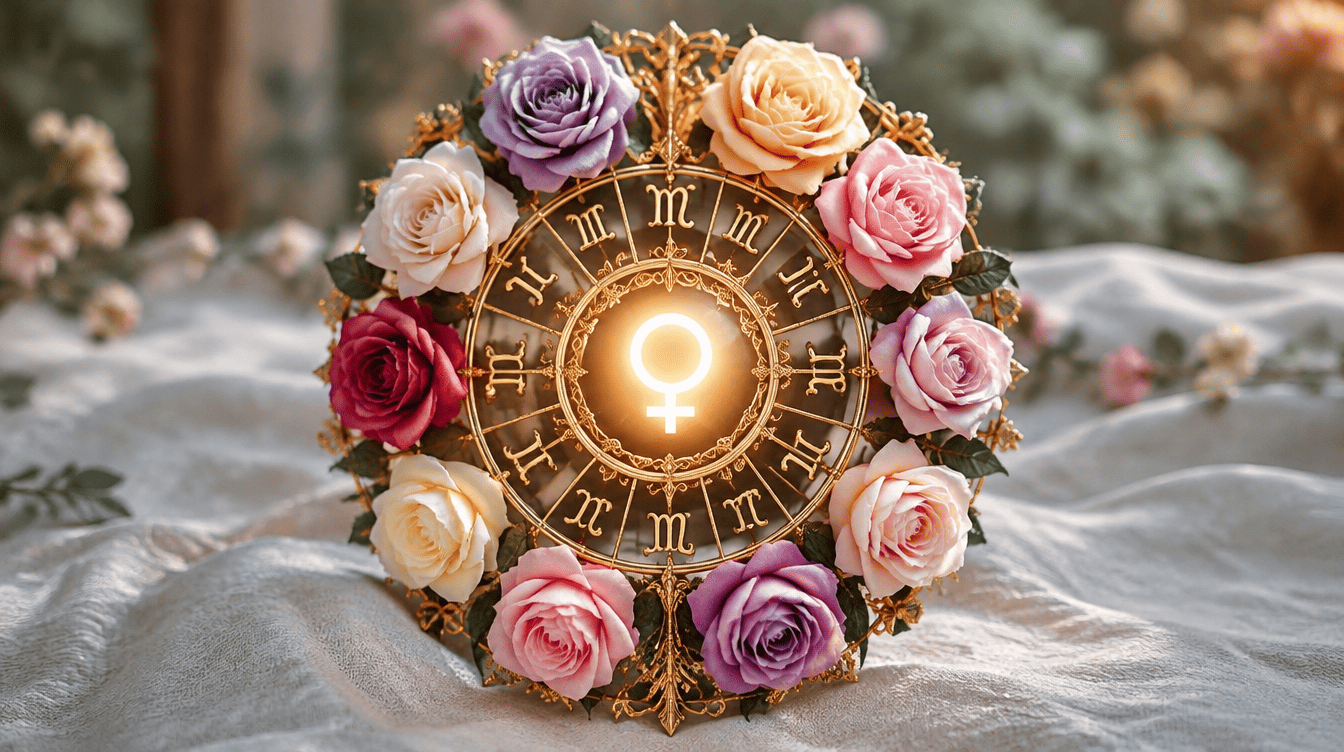 Roda zodiacal com doze rosas de cores diferentes e o símbolo de Vénus no centro