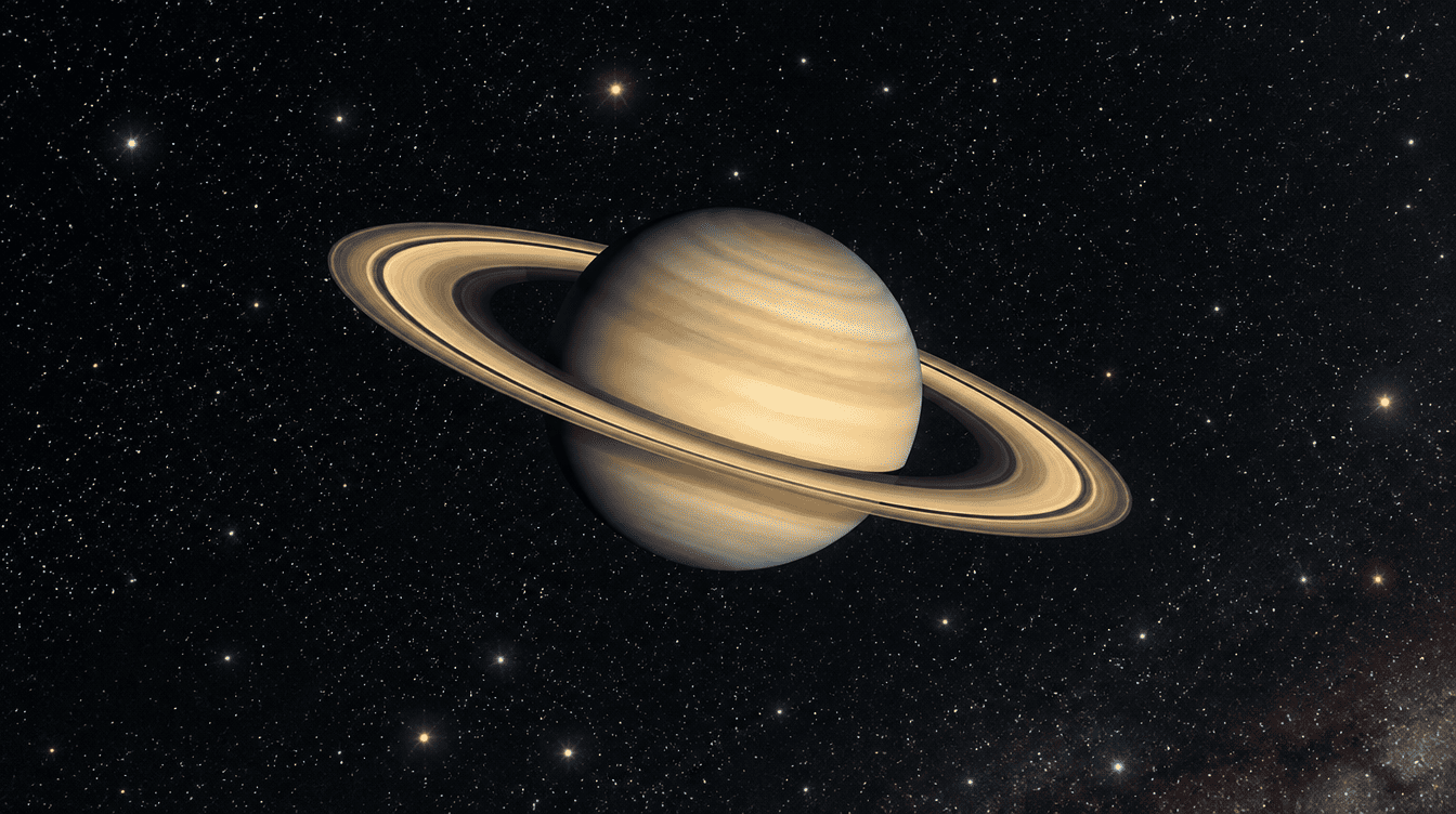 Saturno com os seus anéis dourados representado simbolicamente sobre um fundo estrelado, associado ao retorno de Saturno na astrologia