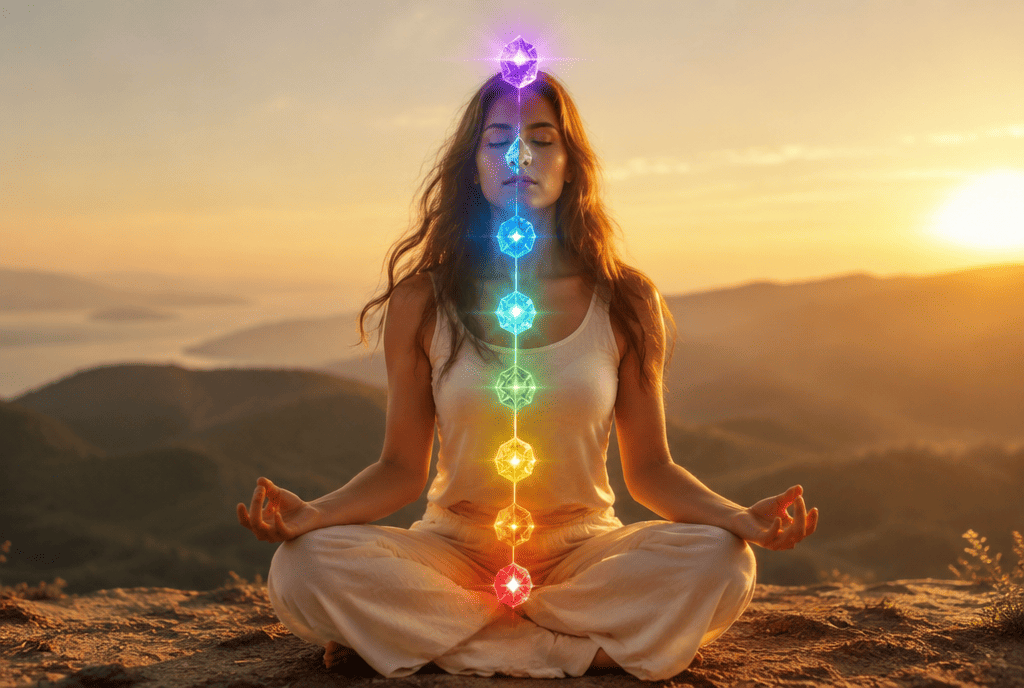 Sete cristais coloridos dispostos ao longo de uma silhueta humana, cada um alinhado com um chakra correspondente