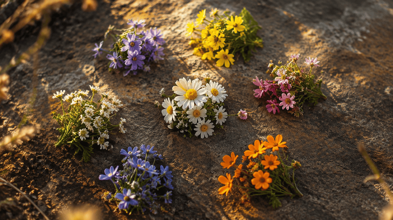 Sete grupos de flores silvestres dispostos em c�rculo, representando os sete grupos emocionais dos florais de Bach 