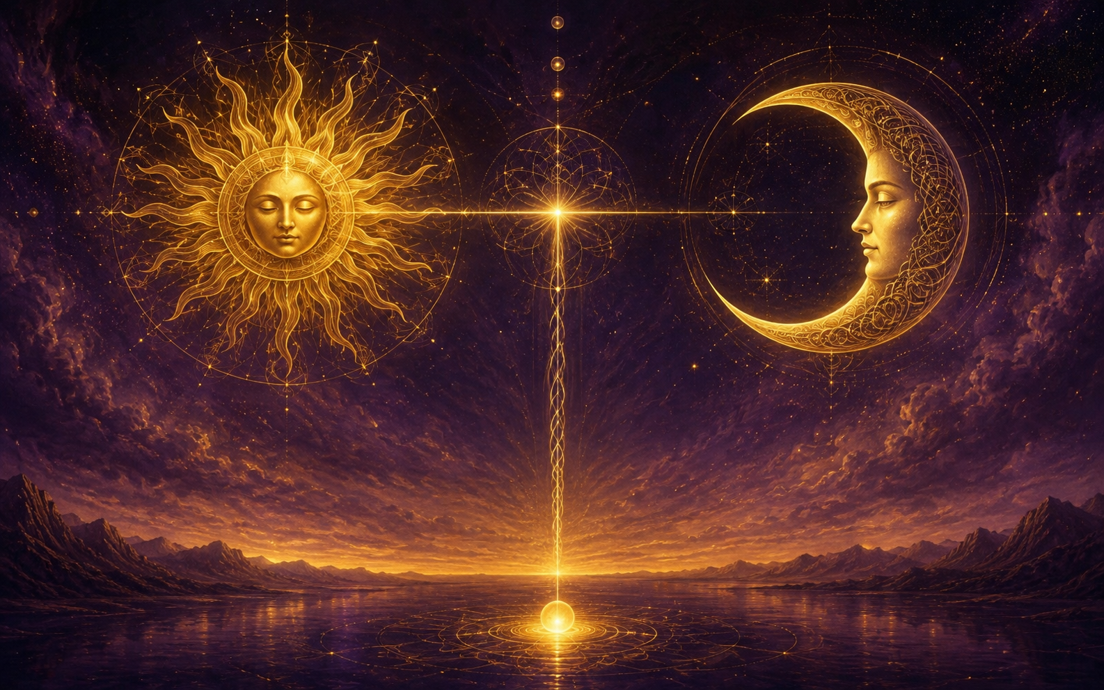 Sol e Lua em equilíbrio dourado sobre uma linha do horizonte, representando o cálculo da Parte da Fortuna