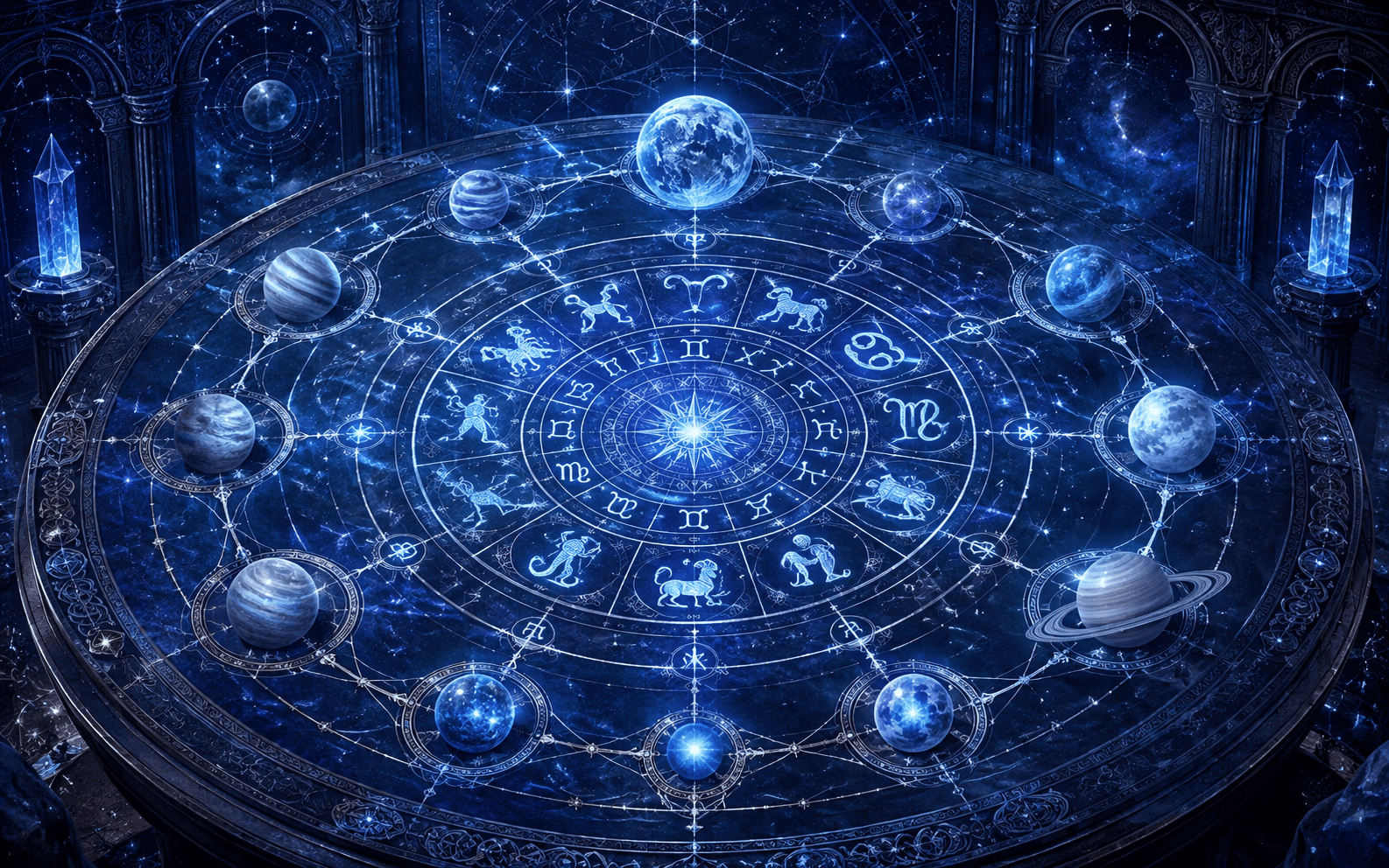 Tabela luminosa mostrando os planetas regentes de cada signo do zodíaco
