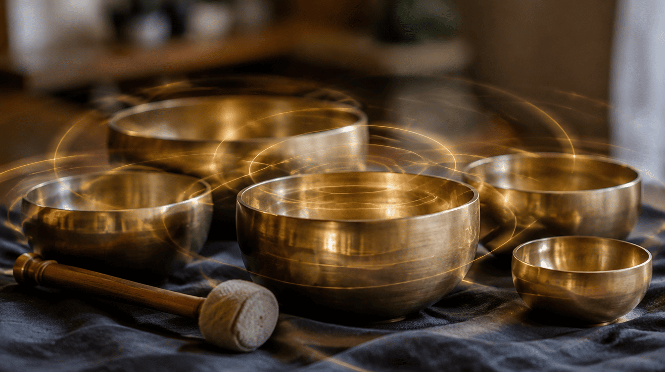 Taças tibetanas de metal dourado dispostas sobre um tecido escuro, com ondas de som representadas por luz suave