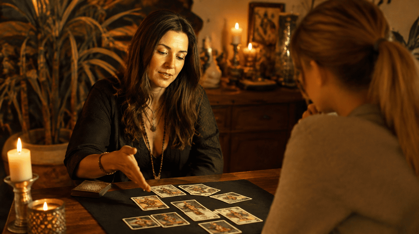 Taróloga experiente a interpretar com calma uma tiragem com cartas invertidas para uma consulente