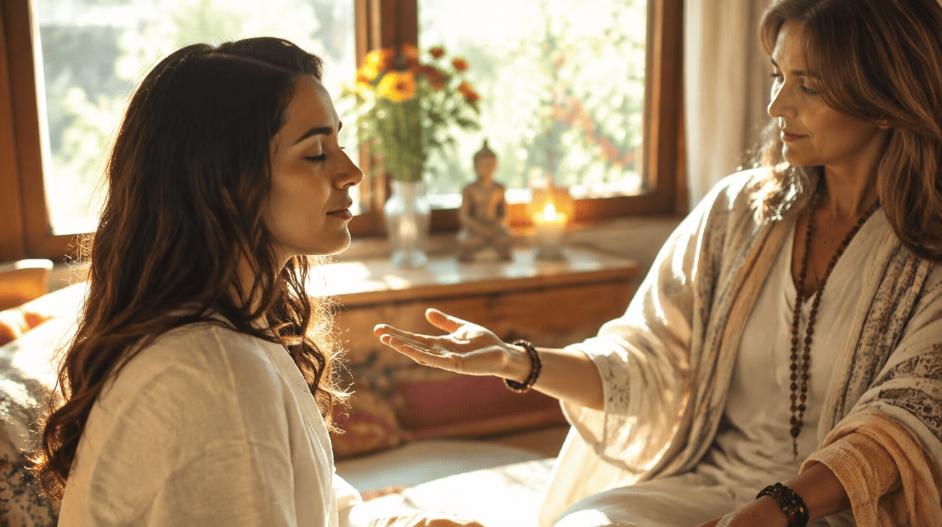 Terapeuta espiritual a acompanhar com serenidade uma pessoa numa sess�o de reflex�o, com luz dourada � volta