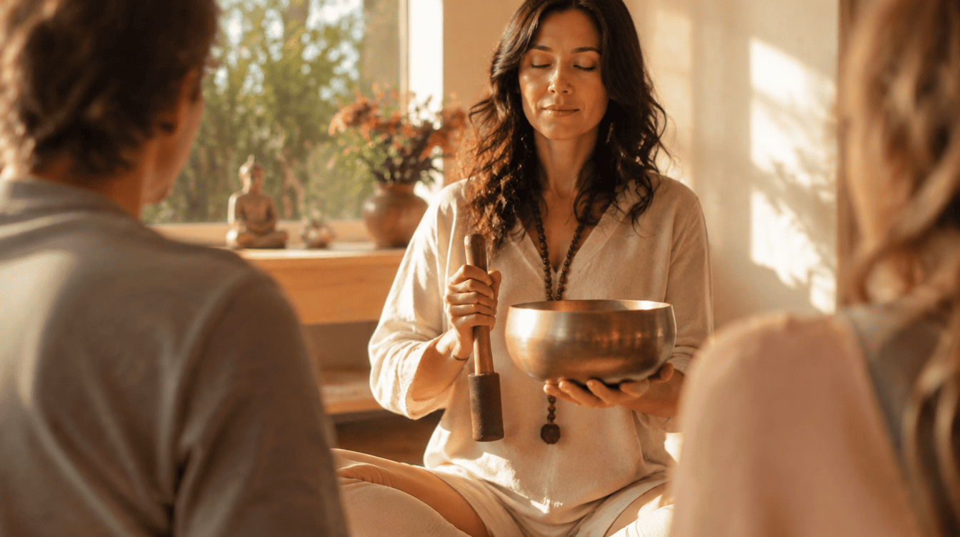 Terapeuta holística a conduzir uma sessão de meditação guiada com uma taça tibetana nas mãos