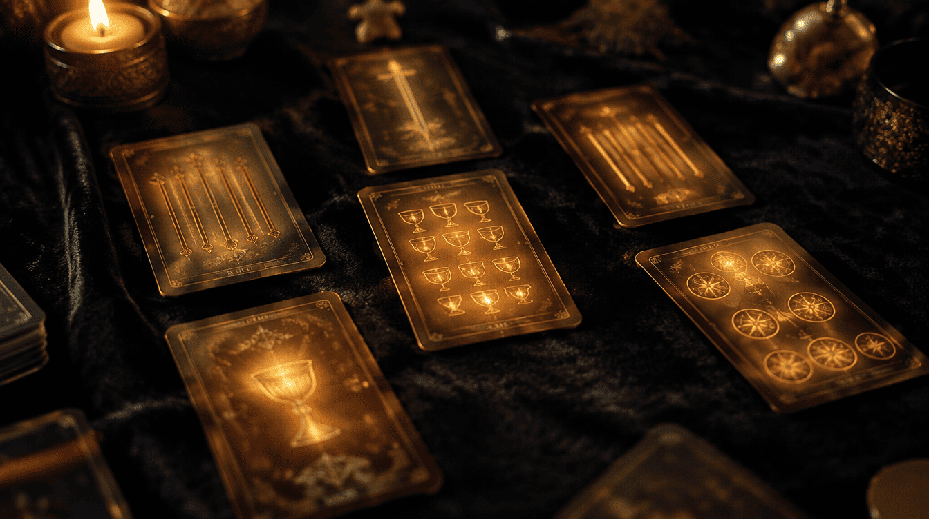 Tiragem de tarot sobre uma mesa escura com várias cartas do mesmo naipe destacadas por luz dourada