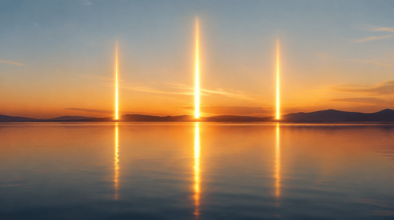 Três colunas de luz dourada com os números 11, 22 e 33, cada uma refletida num número simples mais pequeno