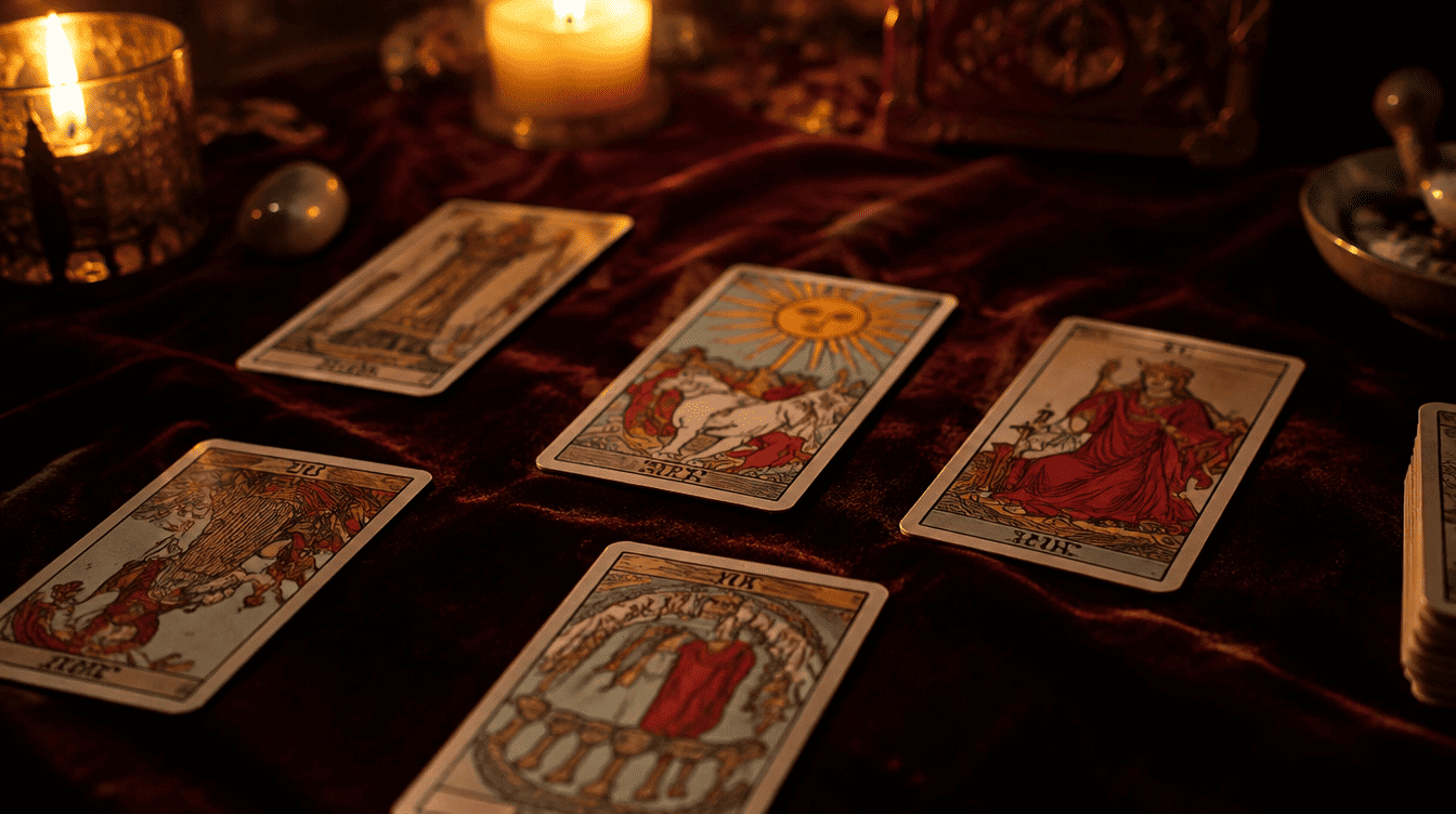: Várias cartas de tarot dispostas numa tiragem, algumas na posição direita e outras invertidas