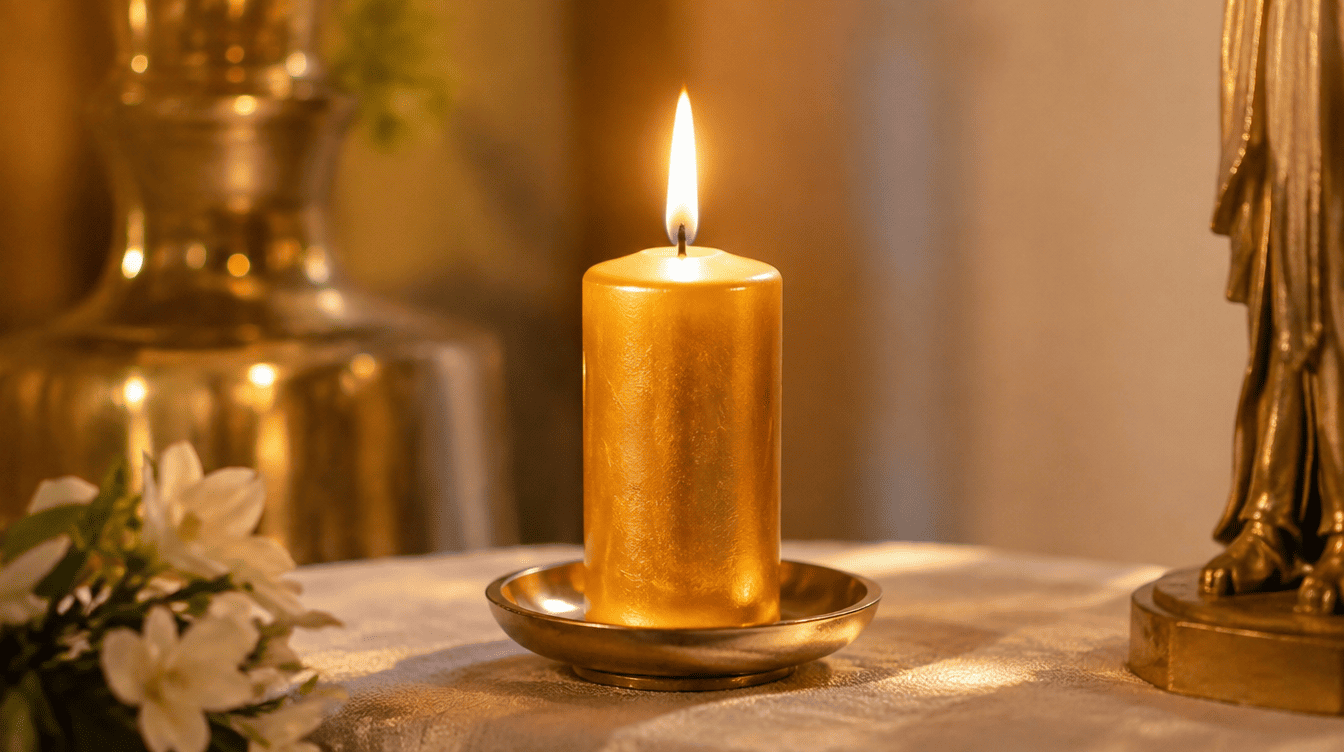 Vela dourada acesa num altar simples, símbolo de proteção e prosperidade espiritual