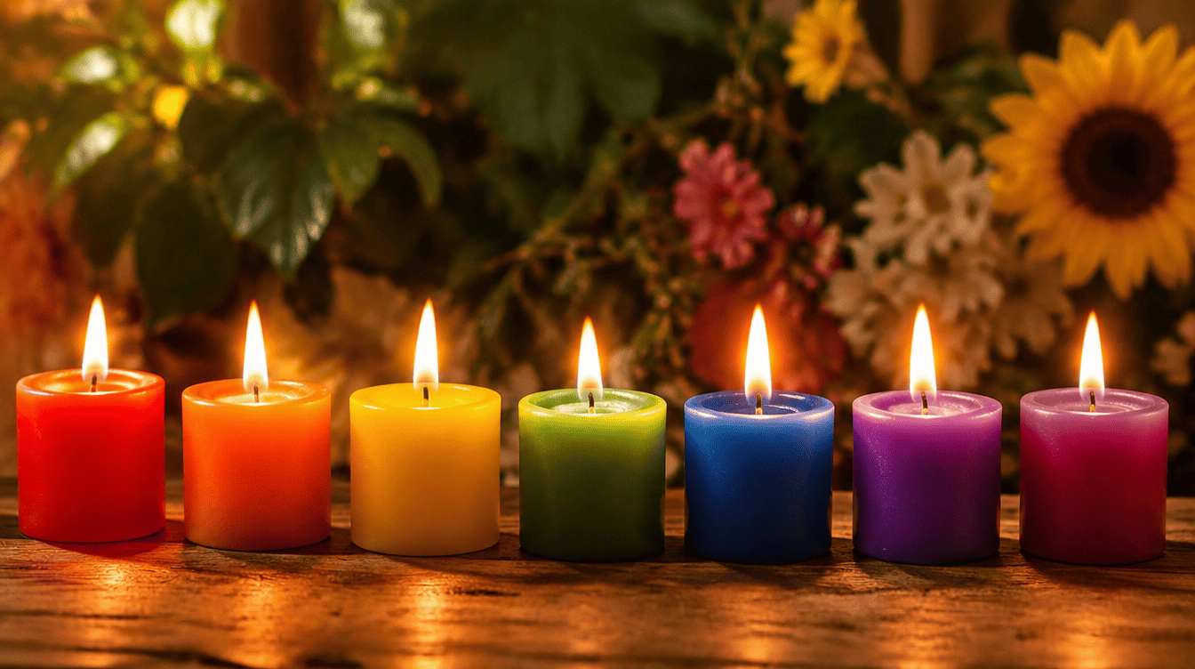 Velas de várias cores acesas sobre uma superfície escura, simbolizando rituais espirituais com intenção