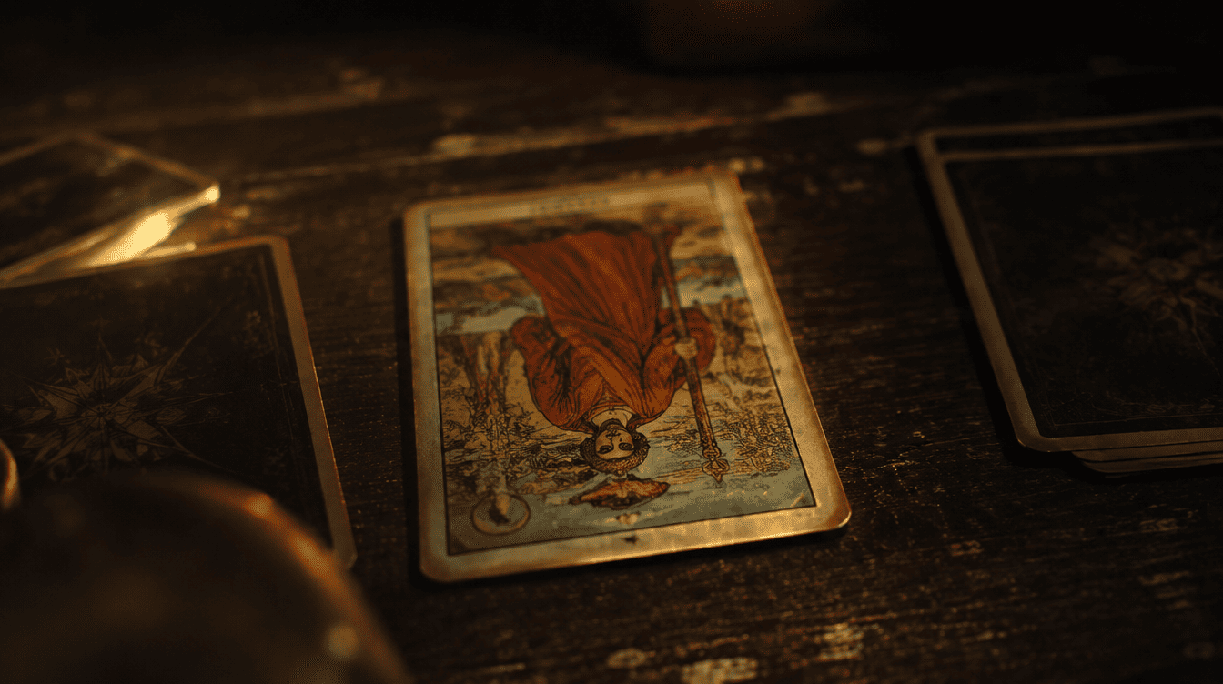 Carta de tarot invertida sobre uma mesa escura, iluminada por uma luz dourada suave