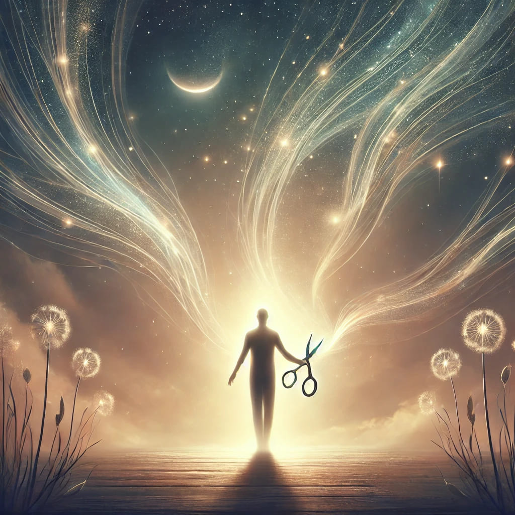 figura em silhueta segura uma tesoura diante de uma luz dourada, simbolizando o corte de cordões energéticos, libertação e renovação espiritual