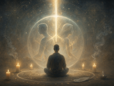 Pessoa em meditação diante de duas figuras separadas por um feixe de luz dourada, num ritual simbólico de divórcio energético e libertação.