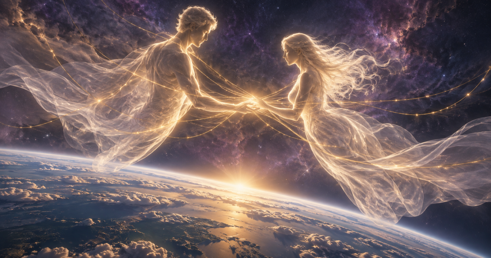Duas silhuetas luminosas a assinarem um acordo simbólico antes de descerem à Terra, representando um contrato de alma