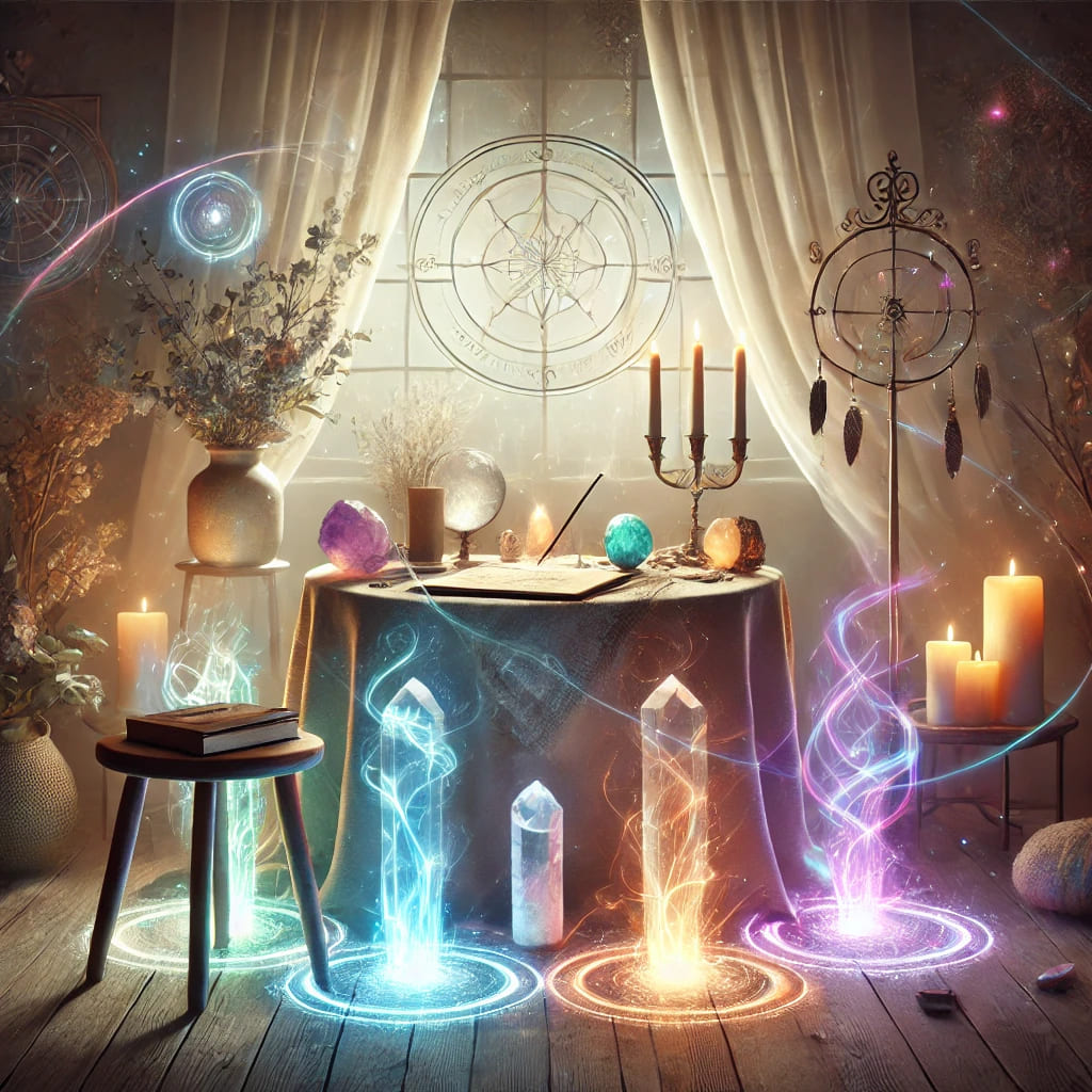 Mesa de consulta espiritual com cristais luminosos, velas acesas e círculos de energia coloridos, ambiente místico para leitura da aura
