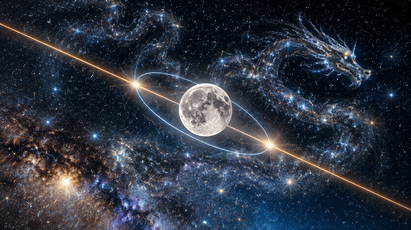 Lua com dois pontos luminosos opostos na sua �rbita, representando os nodos lunares norte e sul 