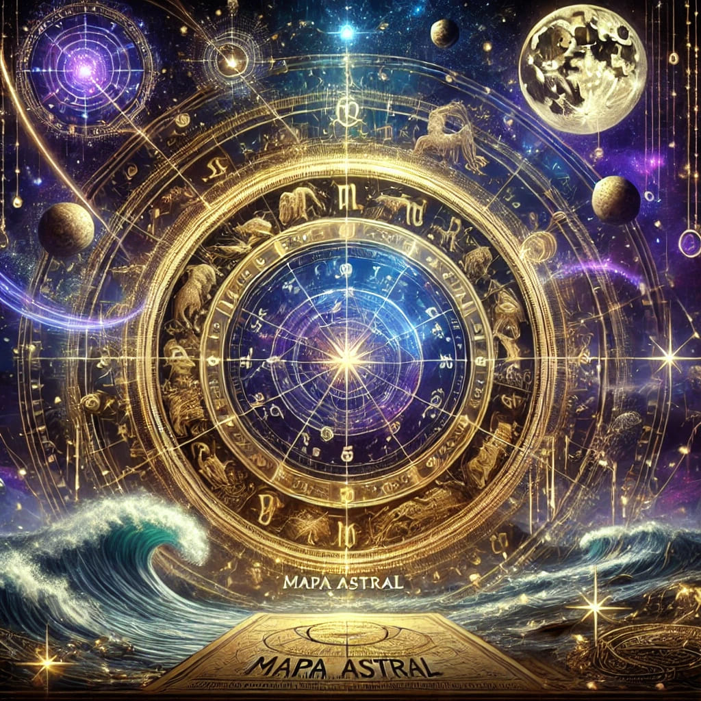 Roda astrológica dourada com símbolos do zodíaco, planetas e lua cheia sobre fundo cósmico roxo, representando um mapa astral