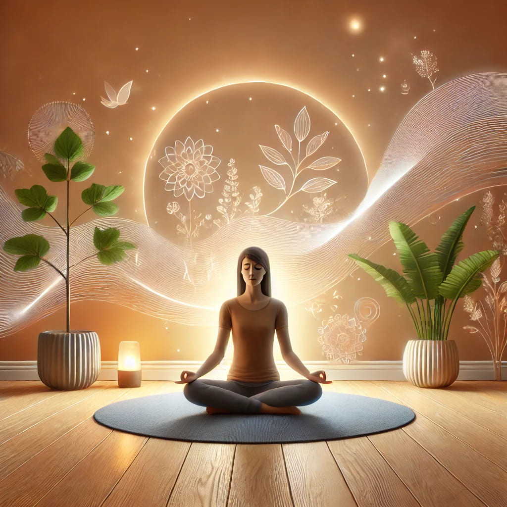 Mulher em meditação guiada, postura de lótus, ambiente sereno com luz dourada