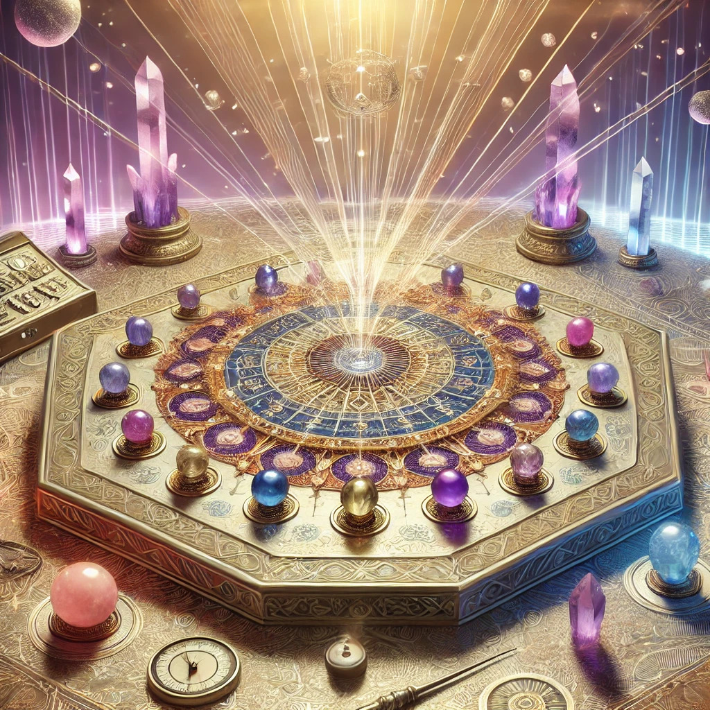 Ilustração de mesa radiónica com cristais, símbolos esotéricos e feixes de luz, associada à harmonização energética e ao equilíbrio espiritual.