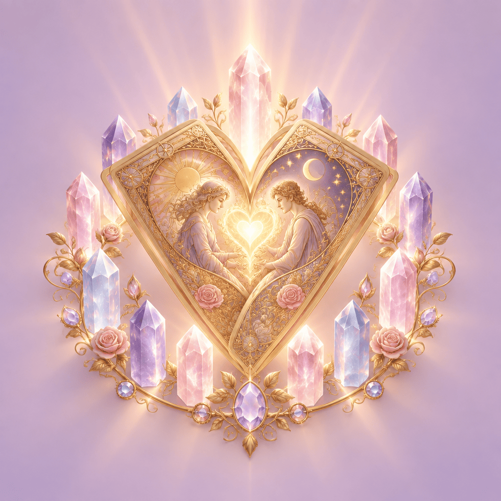 Coração dourado formado por duas cartas de tarot entrelaçadas, rodeado de cristais em tons lilás e rosa pastel, simbolizando o Tarot do Amor