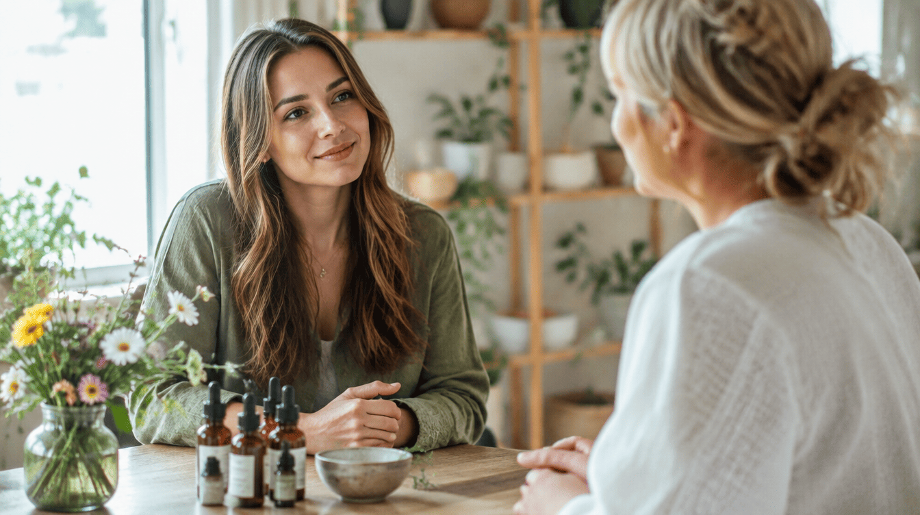 Terapeuta hol�stica a conversar com calma com uma pessoa, com flores e pequenos frascos sobre a mesa