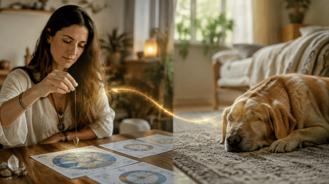 Terapeuta holística a trabalhar com uma mesa radiónica enquanto um cão descansa tranquilo noutra casa, ligados por um fio de luz