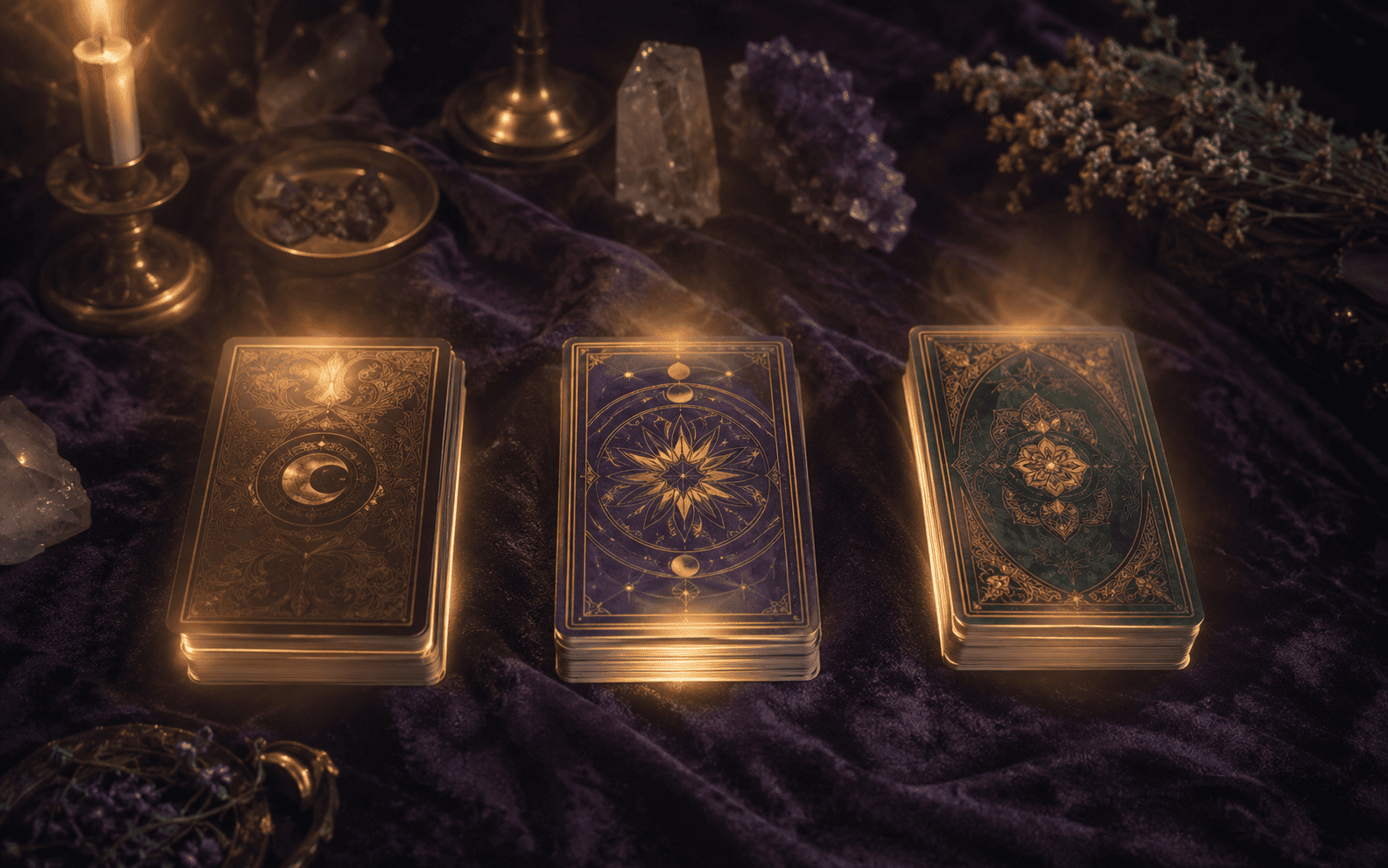 Tr�s baralhos de cartas distintos dispostos lado a lado, representando as diferentes especialidades de leitura de tarot